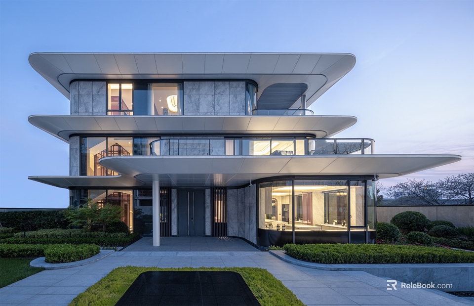 Modern Contemporary House Exterior With Multi Level Design Large Glass Windows And Landscaped Greenery 3d model 