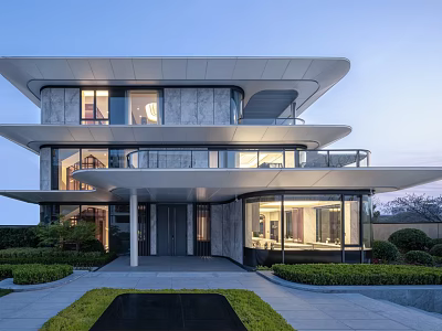 Modern Contemporary House Exterior With Multi Level Design Large Glass Windows And Landscaped Greenery 3d model