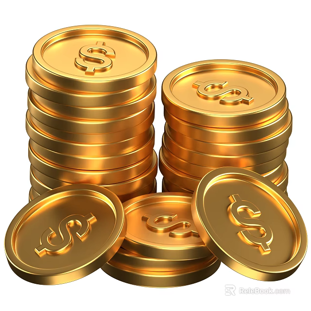 Golden Decorative Ornament Set With Stacked Gold Coins And Dollar Signs For Home Decoration 3d model 