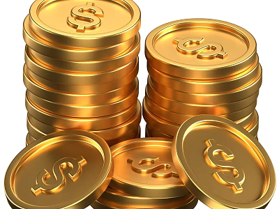 Golden Decorative Ornament Set With Stacked Gold Coins And Dollar Signs For Home Decoration 3d model