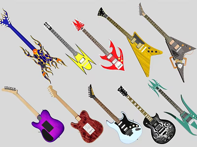 Colorful Electric Guitars With Various Shapes And Vibrant Designs 3d model