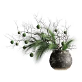 Dark Earthenware Vase With Branches Pine Needles And Green Round Fruits