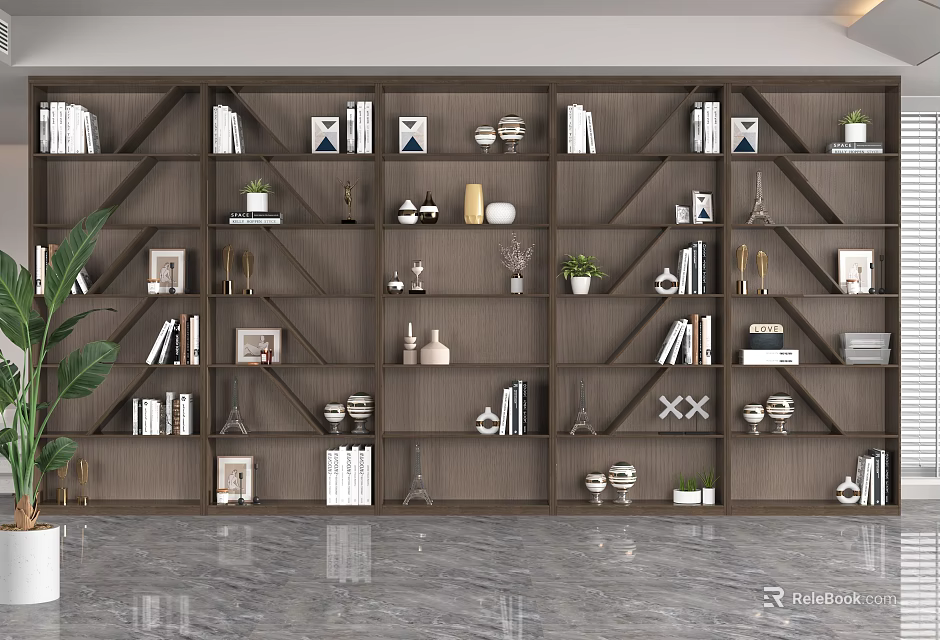Modern Wooden Shelf Unit with Multiple Shelves for Books Photo Frames Decorative Items and Plants 3d model 