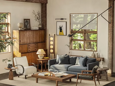Natural Light Living Room Interior With Blue Sofa Wooden Coffee Table Armchair And Decorative Items 3d model