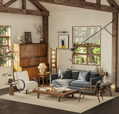 Natural Light Living Room Interior With Blue Sofa Wooden Coffee Table Armchair And Decorative Items 3d model