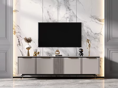 Elegant Modern TV Stand With Marble Wall And Decorative Ornaments 3d model