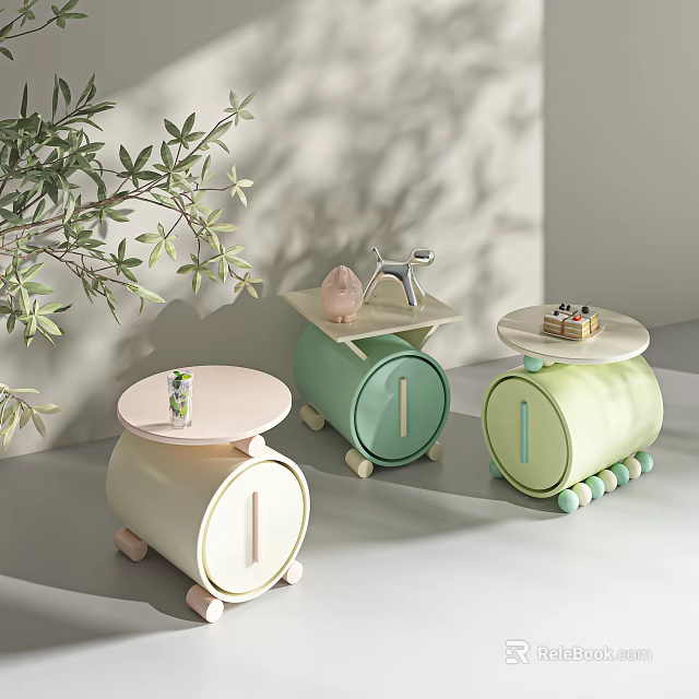 Modern Cylindrical Light Colored Side Tables With Wheels Small Decorations And Green Plants 3d model 
