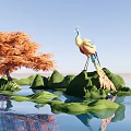 Landscape Sculpture With Peacock Orange Tree Green Rocks And Water Reflections