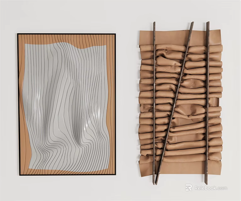 Modern Wall Decor With Framed Wavy Lines Art And Pleated Fabric Metal Strips Design 3d model 