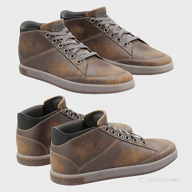 Brown High Top Leather Casual Shoes With Lace Up Design And Gray Sole 3d model 