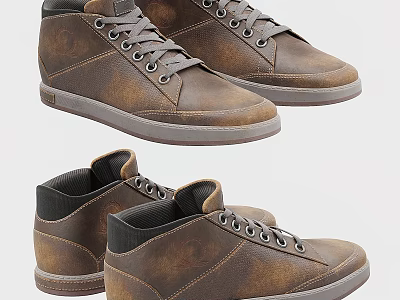 Brown High Top Leather Casual Shoes With Lace Up Design And Gray Sole 3d model