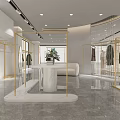 Elegant Modern Clothing Store Interior With Marble Floor Gold Frames Mannequins Green Plants Display Racks