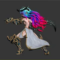 Colorful 3D Character Figurine With Blue Pink Hair Horns And Ornate Costume For Home Decor