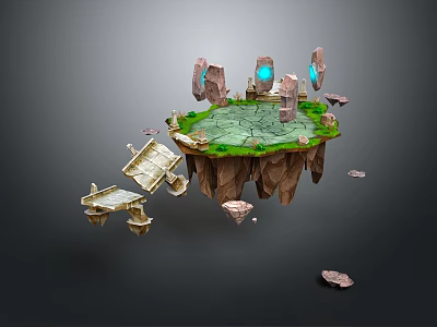 Floating Island Scene With Rock Formations Glowing Crystals Grassy Edge And Broken Wooden Bridge 3d model