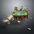 Floating Island Scene With Rock Formations Glowing Crystals Grassy Edge And Broken Wooden Bridge