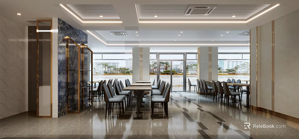 Modern Spacious Restaurant Interior With Bright Lighting Tables Chairs Large Windows And Marble Floor 3d model 