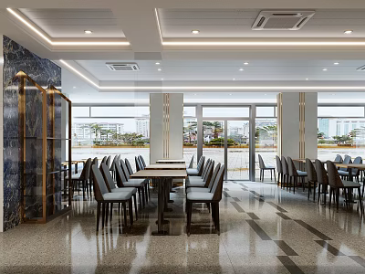 Modern Spacious Restaurant Interior With Bright Lighting Tables Chairs Large Windows And Marble Floor 3d model