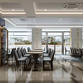 Modern Spacious Restaurant Interior With Bright Lighting Tables Chairs Large Windows And Marble Floor