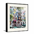 Scenic Landscape Painting Of Colorful Building With Graffiti Balconies Parked Cars And Green Trees