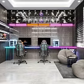 Modern Room With Collectibles Display In Glass Cabinets And Lounge Area