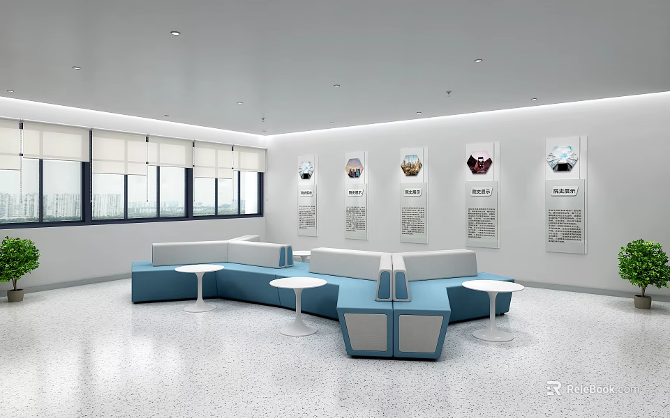 Modern Lounge Area With White Walls Posters Blue Sofas Round White Tables And Large Windows 3d model