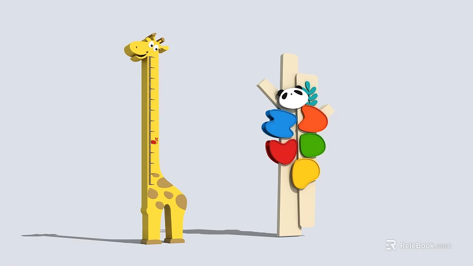 Giraffe Shaped Height Chart And Panda Themed Wooden Toy With Colorful Shapes 3d model 