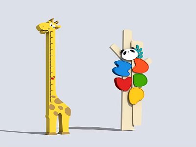 Giraffe Shaped Height Chart And Panda Themed Wooden Toy With Colorful Shapes 3d model