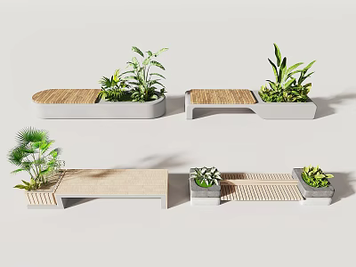 Modern Landscape Seats With Wooden And Concrete Design And Green Plants 3d model