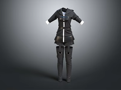 Stylish Black Coat With White Trim And Short Skirt Paired With Long Boots 3d model