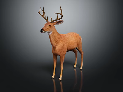 Deer With Brown Coat And Large Antlers Standing On Black Background With Reflection 3d model