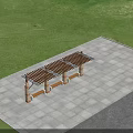 Pergola with Brick Stone Columns Wooden Roof and Benches in Outdoor Park Space