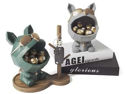 Cartoon Animal Ornament Set With Green Gray Figurines Golden Chocolate Balls Keychain Wooden Base 3d model