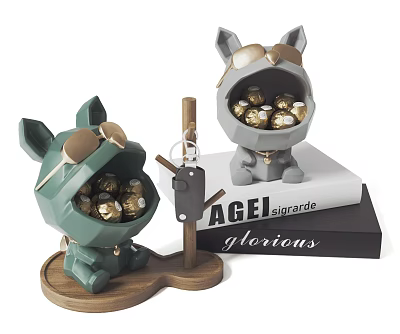 Cartoon Animal Ornament Set With Green Gray Figurines Golden Chocolate Balls Keychain Wooden Base 3d model