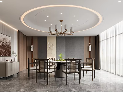 Chinese Style Private Dining Room With Round Table And Chandelier 3d model