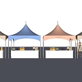 Outdoor Market Setup With Four Colorful Canopy Tents Beige Blue Pink And White Counters