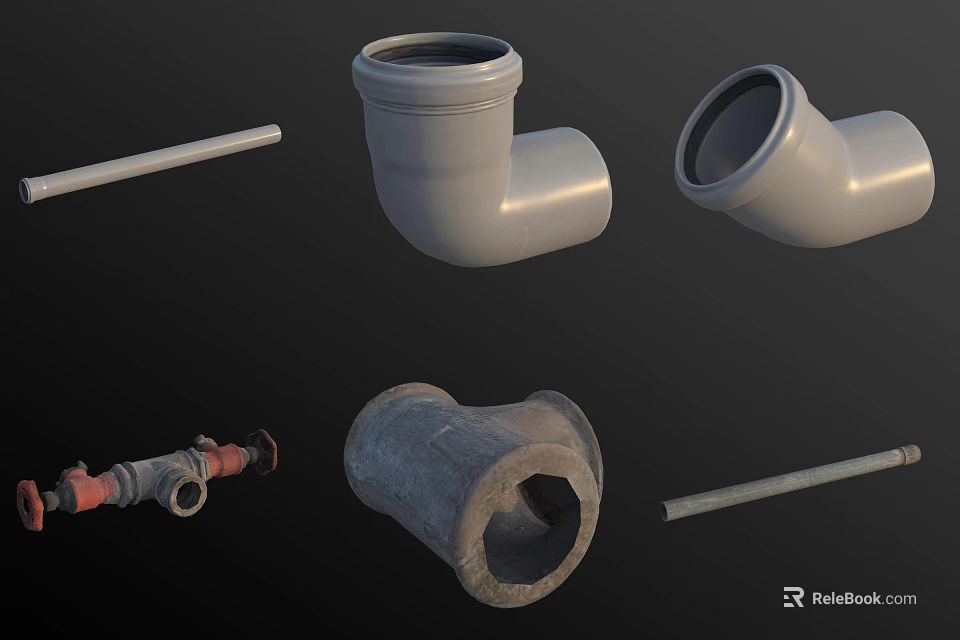 Various Plastic Concrete And Metal Pipe Fittings Including Elbows And Straight Pipes 3d model 