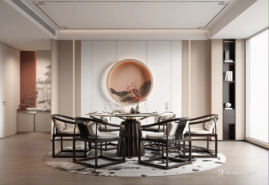 Modern Luxury Restaurant Interior With Round Table Chairs Decorative Painting Rug Bookshelf And Windows 3d model 