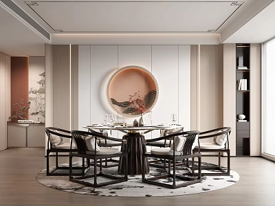 Modern Luxury Restaurant Interior With Round Table Chairs Decorative Painting Rug Bookshelf And Windows 3d model