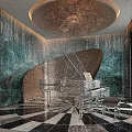 Modern Luxury Sales Office Interior With Piano Crystal Chandelier Blue Wall And Black White Tiles