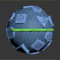 Shiny Blue Decorative Sphere With Spiral Patterns And Green Curved Stem On Dark Surface