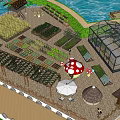 Peaceful Rural Scenery With Water Area Lush Vegetable Garden Mushroom Decor And Cozy Huts
