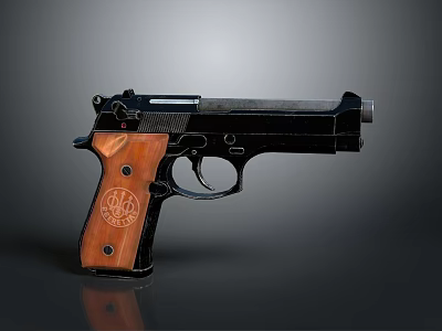 Classic Black Pistol With Wooden Grip Metal Body And Emblem On Handle Design 3d model