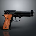 Classic Black Pistol With Wooden Grip Metal Body And Emblem On Handle Design