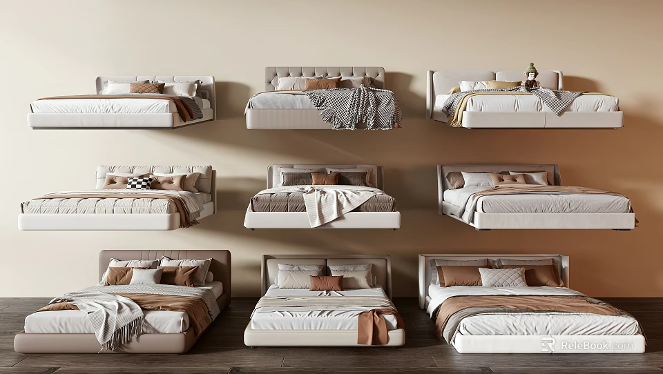 Modern Bedroom Double Bed Designs With Various Headboard Styles And Neutral Bedding Decor 3d model