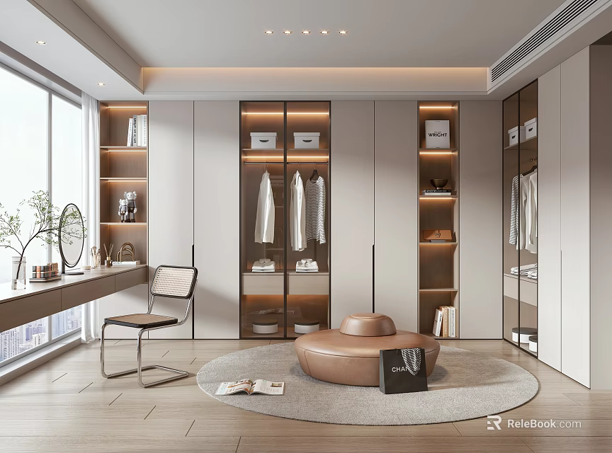 Modern Walk in Closet Interior With White Cabinets Round Ottoman And Large Windows 3d model 