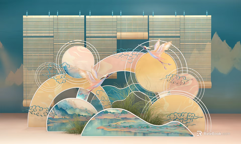 Traditional Artistic Scene Featuring Bamboo Blinds Cranes Fan Shaped Elements Landscape And Clouds 3d model 