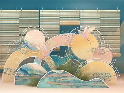 Traditional Artistic Scene Featuring Bamboo Blinds Cranes Fan Shaped Elements Landscape And Clouds 3d model