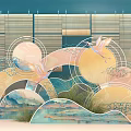 Traditional Artistic Scene Featuring Bamboo Blinds Cranes Fan Shaped Elements Landscape And Clouds