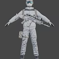 Man in White Spacesuit Holding Futuristic Gun in Standing Pose