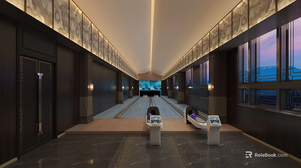 Spacious Modern Fitness Center Interior With Treadmills Large Screen Long Strip Lights And Decorative Walls 3d model 